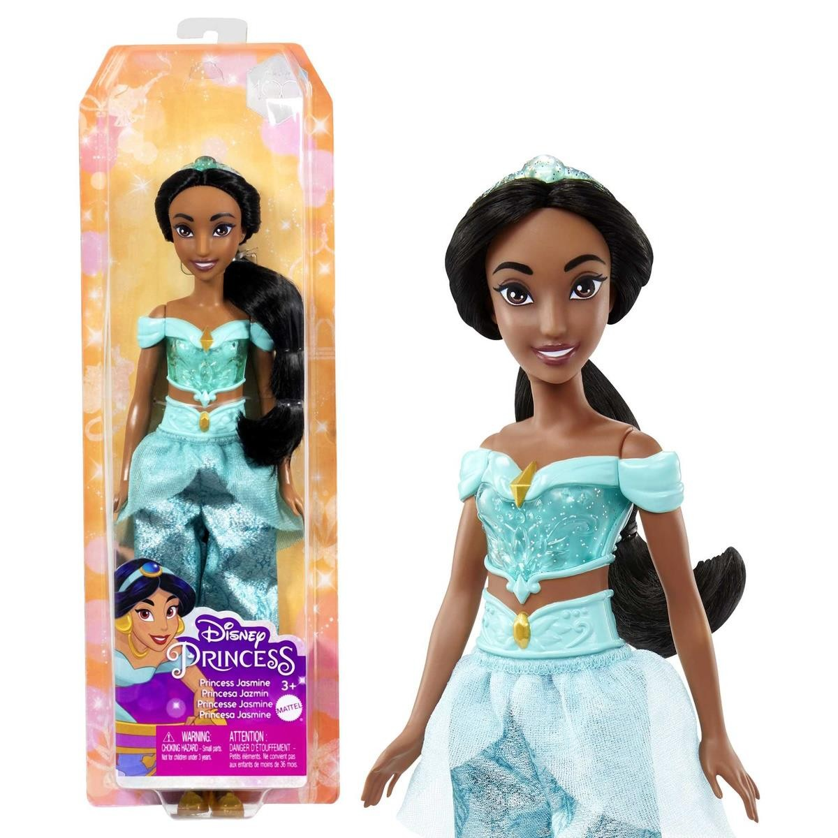 Boneca da Princesa Jasmine da Disney com vestido azul e caixa transparente