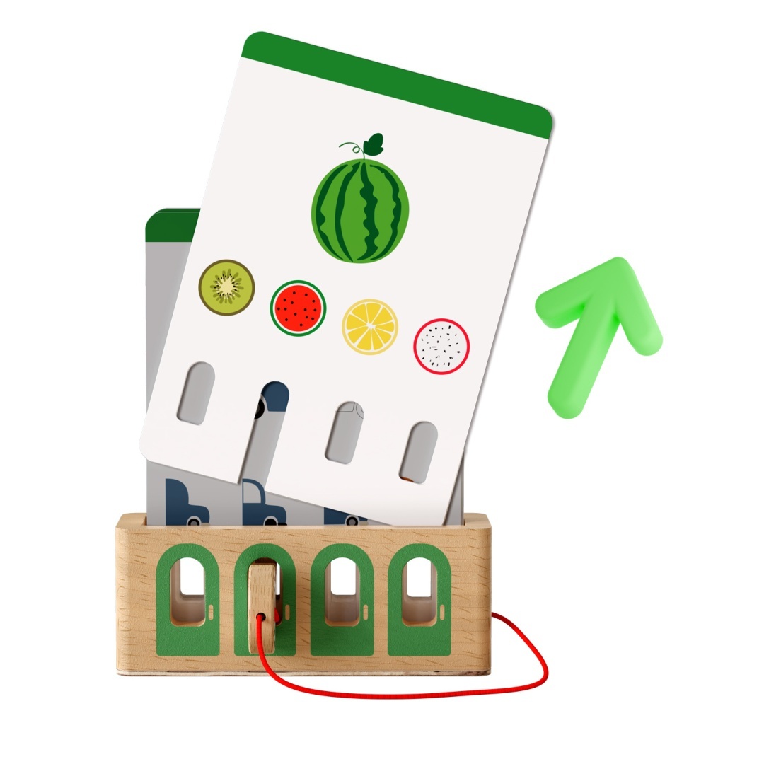 Jogo educativo em madeira com cartões ilustrados de frutas e seta verde