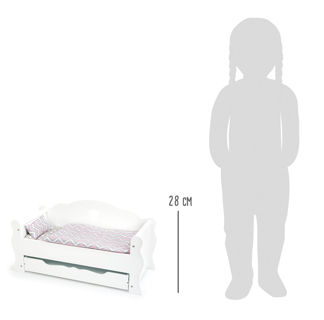 Cama branca para bonecas com colcha listrada e almofada, 28 cm de altura
