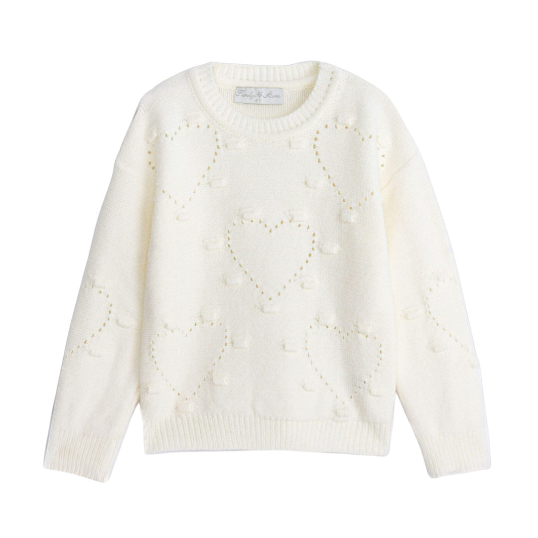 Camisola branca de malha com corações em relevo e pequenos pompons