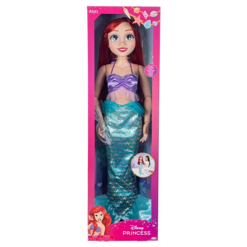 Boneca Ariel Disney Princess com cauda de sereia azul em caixa rosa