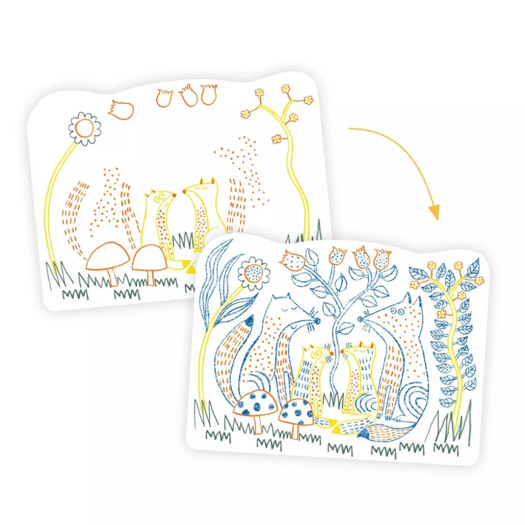 Placas com desenhos infantis de raposas e plantas em amarelo, azul e laranja