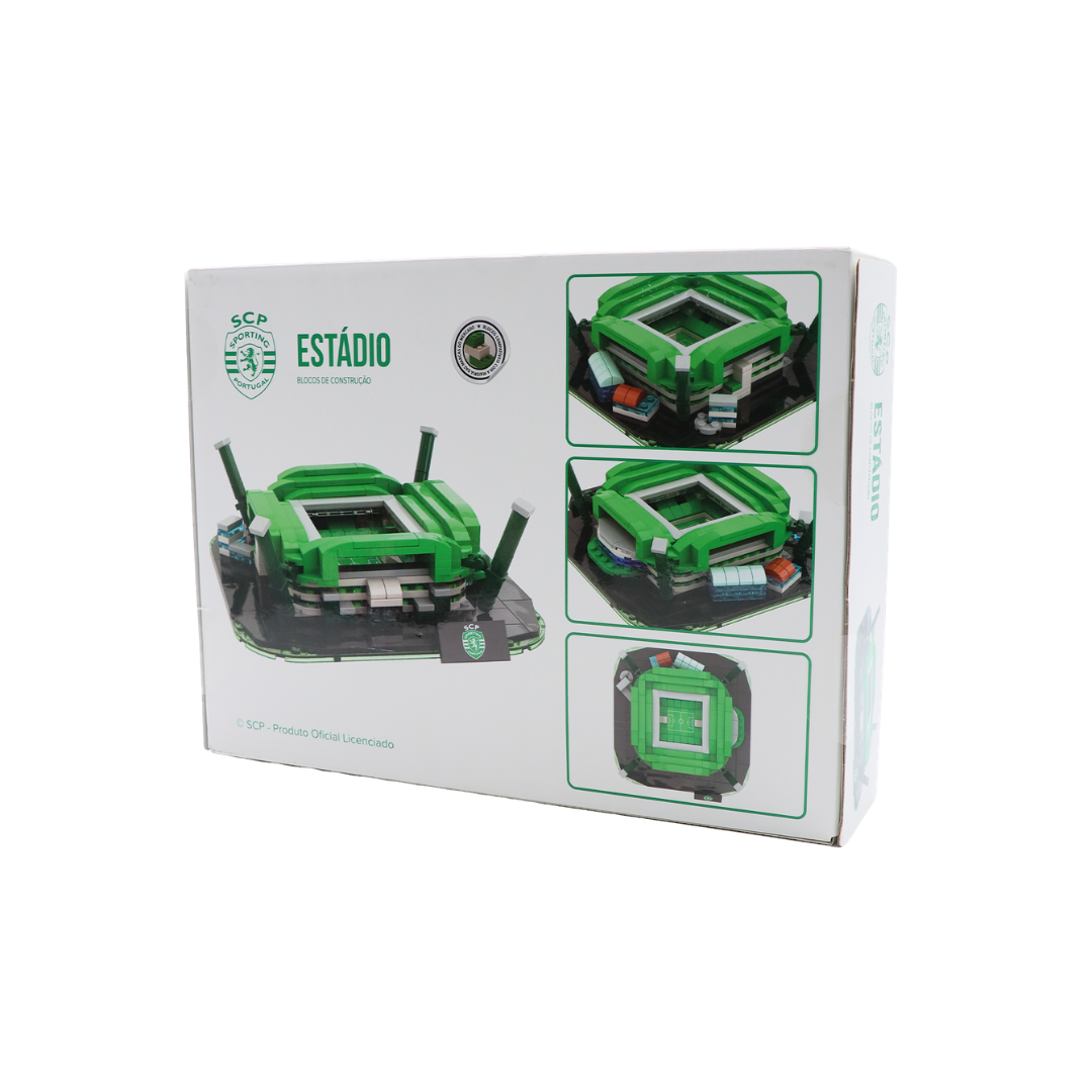 Caixa de construção de estádio verde com logotipo SCP e texto Estádio