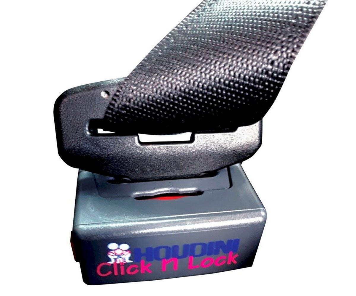 Fecho de cinto de segurança cinzento com fita preta texturizada e texto HOUDINI Click n Lock