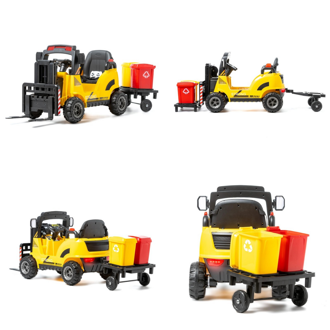 Brinquedo de carrinho amarelo com carrinho de lixo amarelo e vermelho