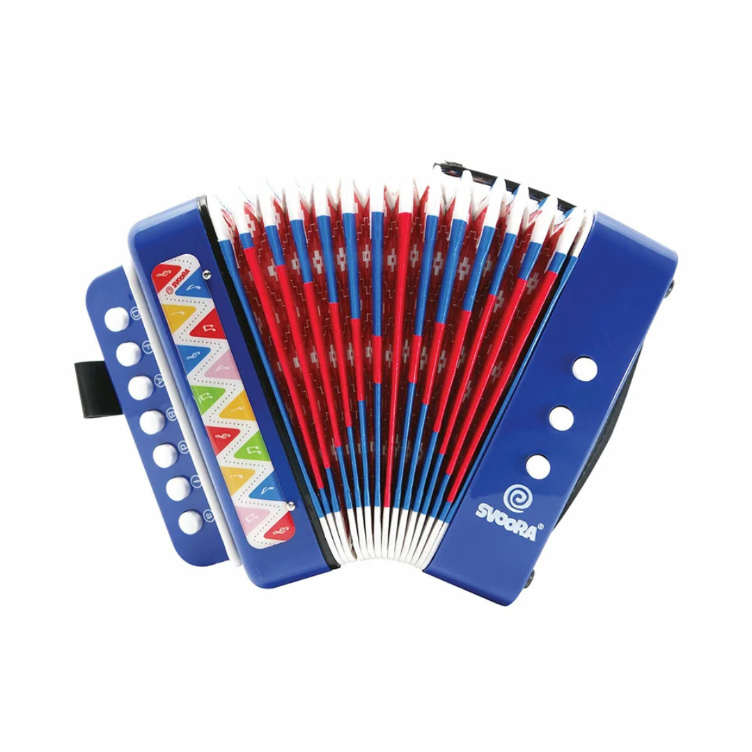 Acordeão infantil azul com teclas coloridas e padrão geométrico no fole