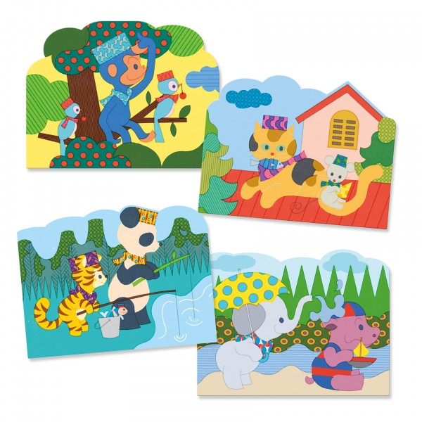 Quatro painéis ilustrados com animais coloridos em diferentes cenários naturais