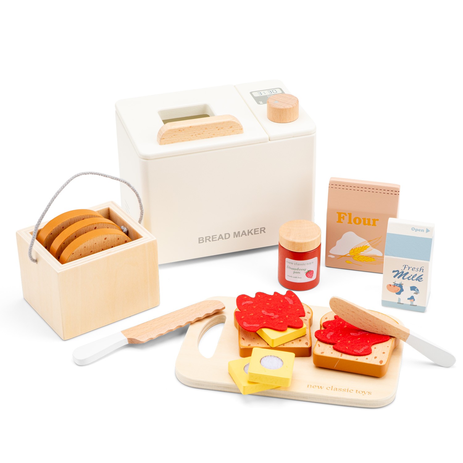 Conjunto brinquedo cozinha madeira com máquina pão, pão, faca, tábua, compota, farinha e leite