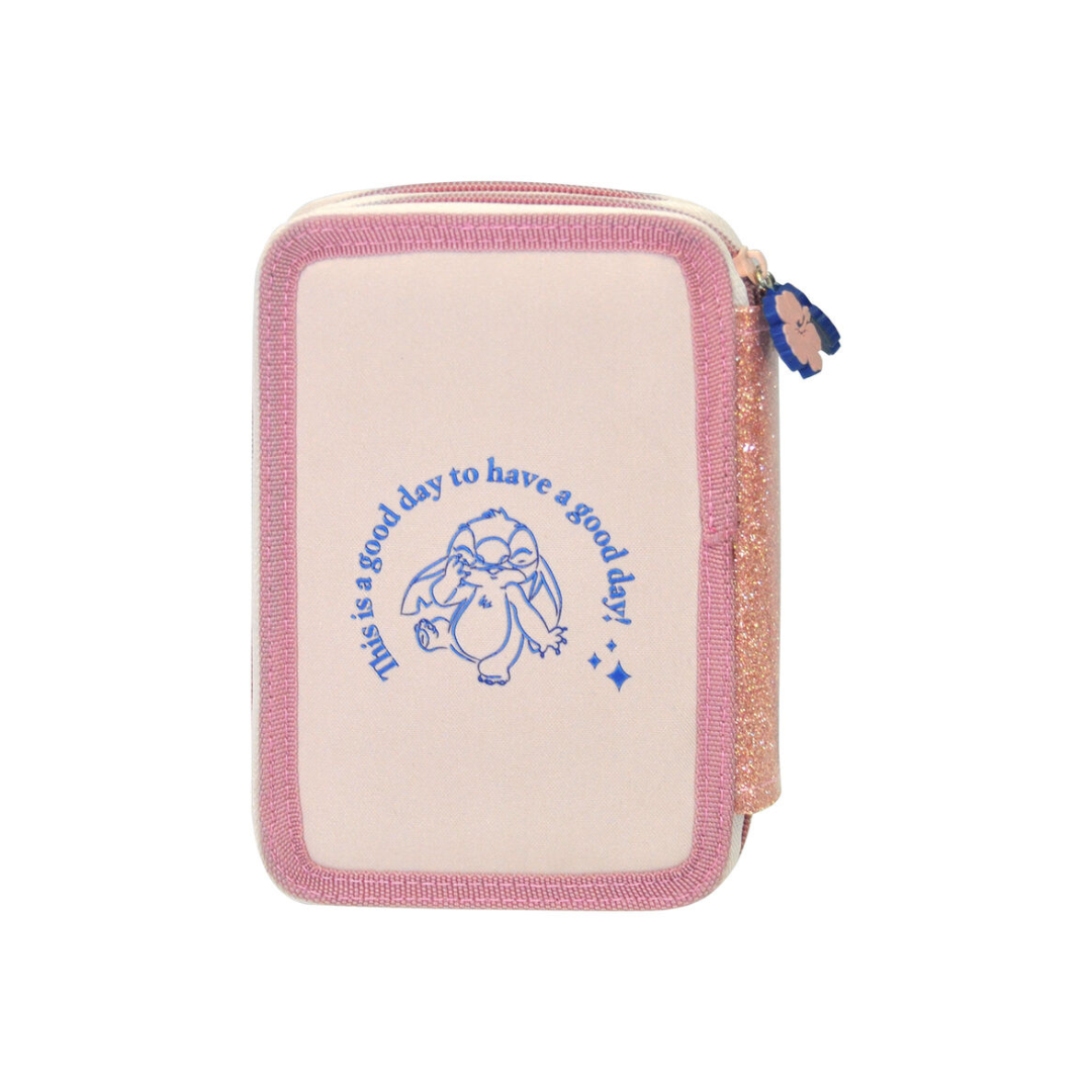 Estojo escolar rosa com bordas brilhantes e desenho azul de pinguim com texto