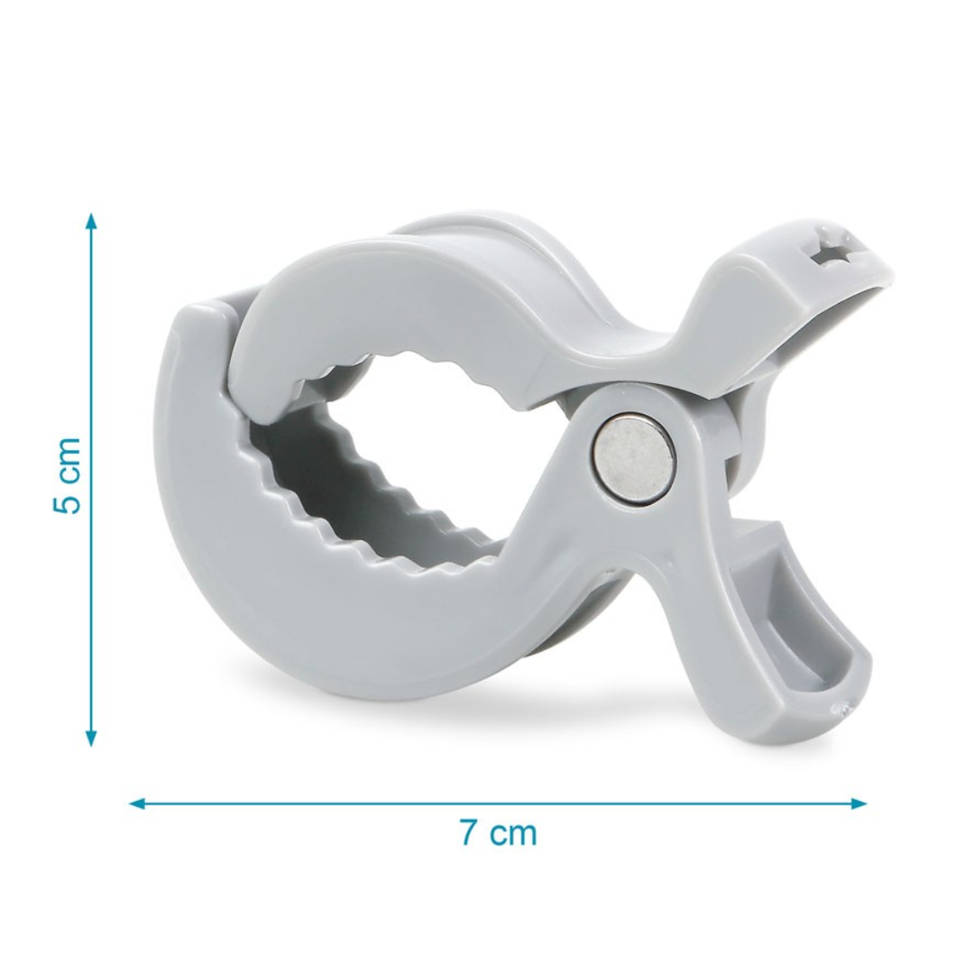 Clips de plástico cinza com textura dentada interna em fundo branco