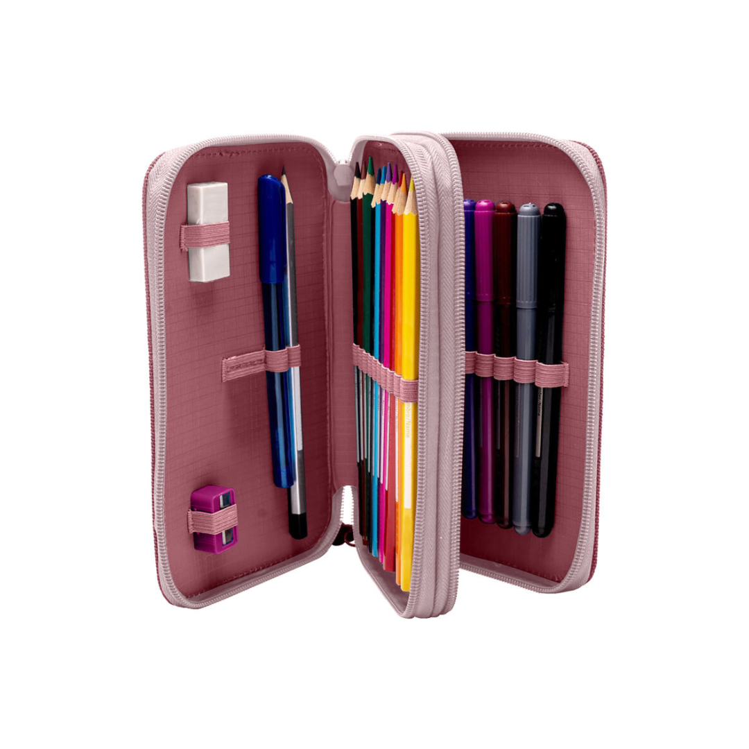 Estojo de lápis rosa aberto com lápis de cor e canetas organizados