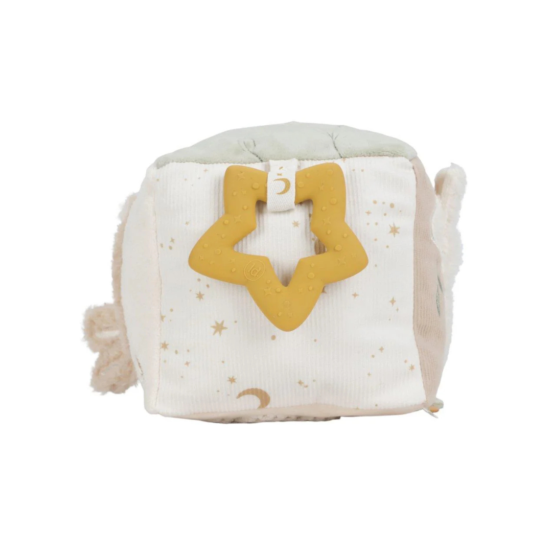 Brinquedo cubo tecido com mordedor estrela amarelo