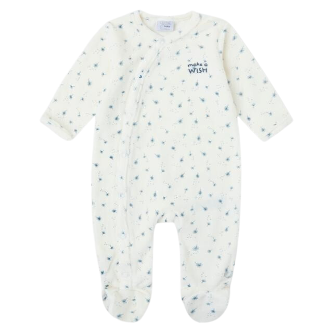 Pijama branco de bebé com padrão de dente-de-leão azuis e texto make a WISH