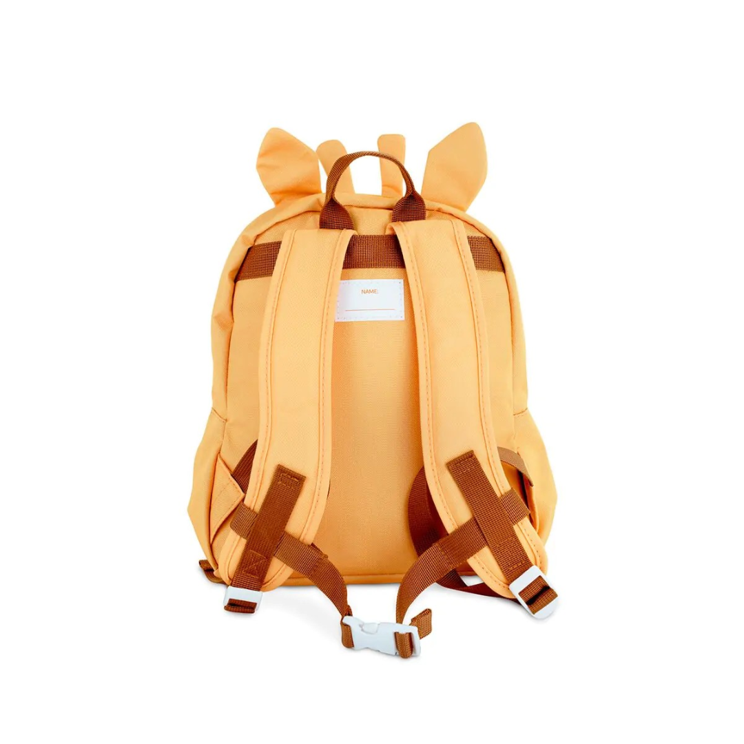 Mochila infantil laranja com alças castanhas e orelhas no topo