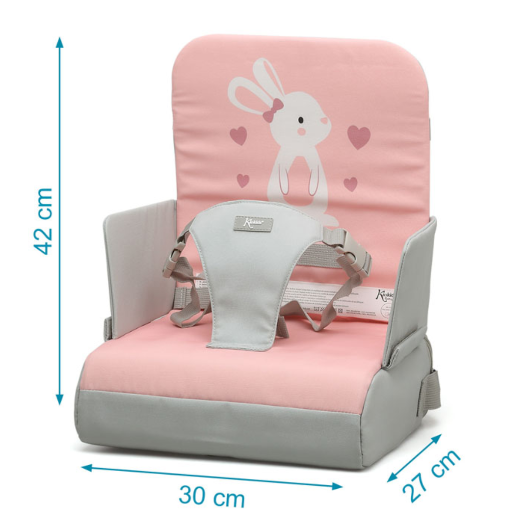 Cadeira de elevação infantil rosa e cinzenta com estampa de coelho
