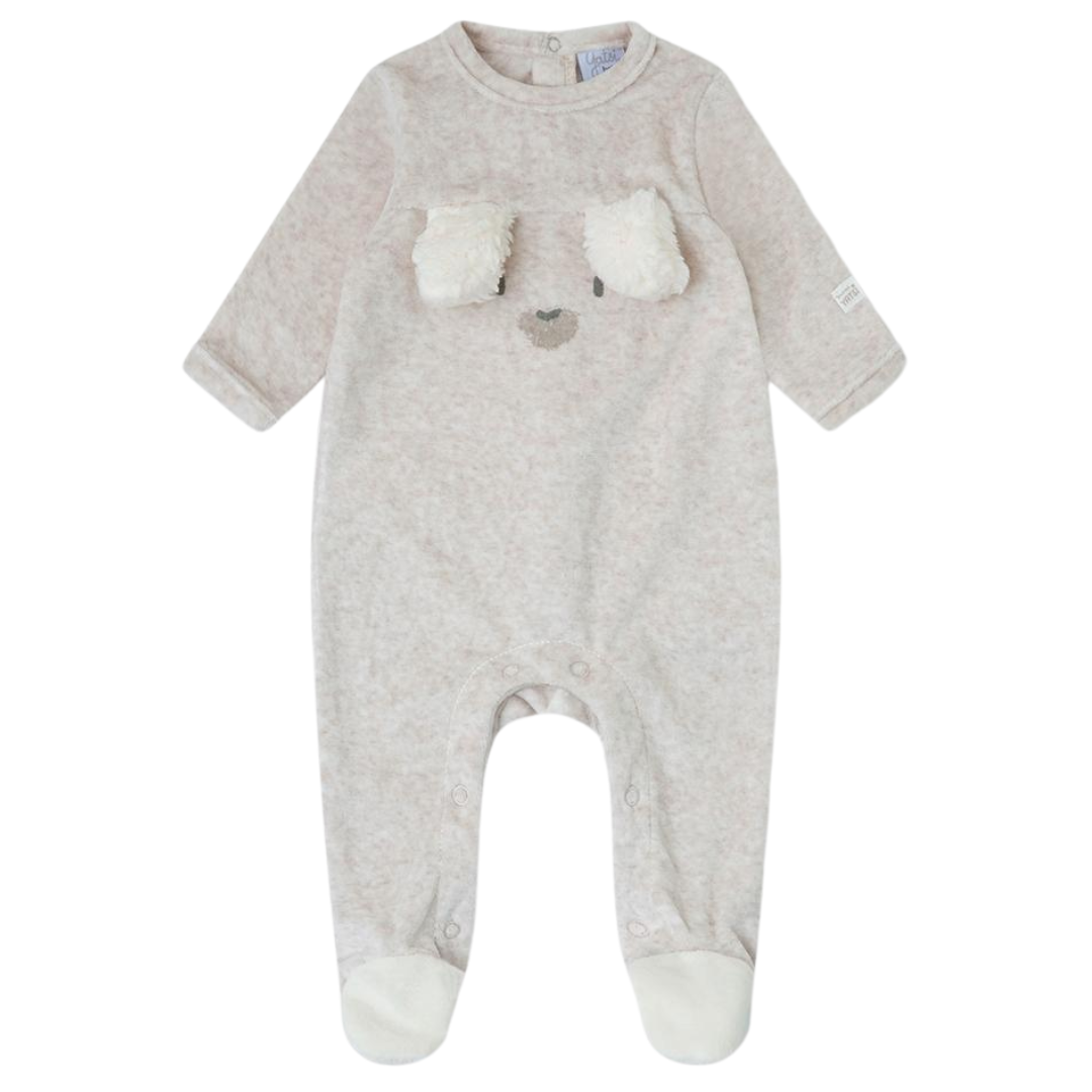 Macacão cinzento claro para bebé com pés brancos e detalhes de orelhas e rosto de animal