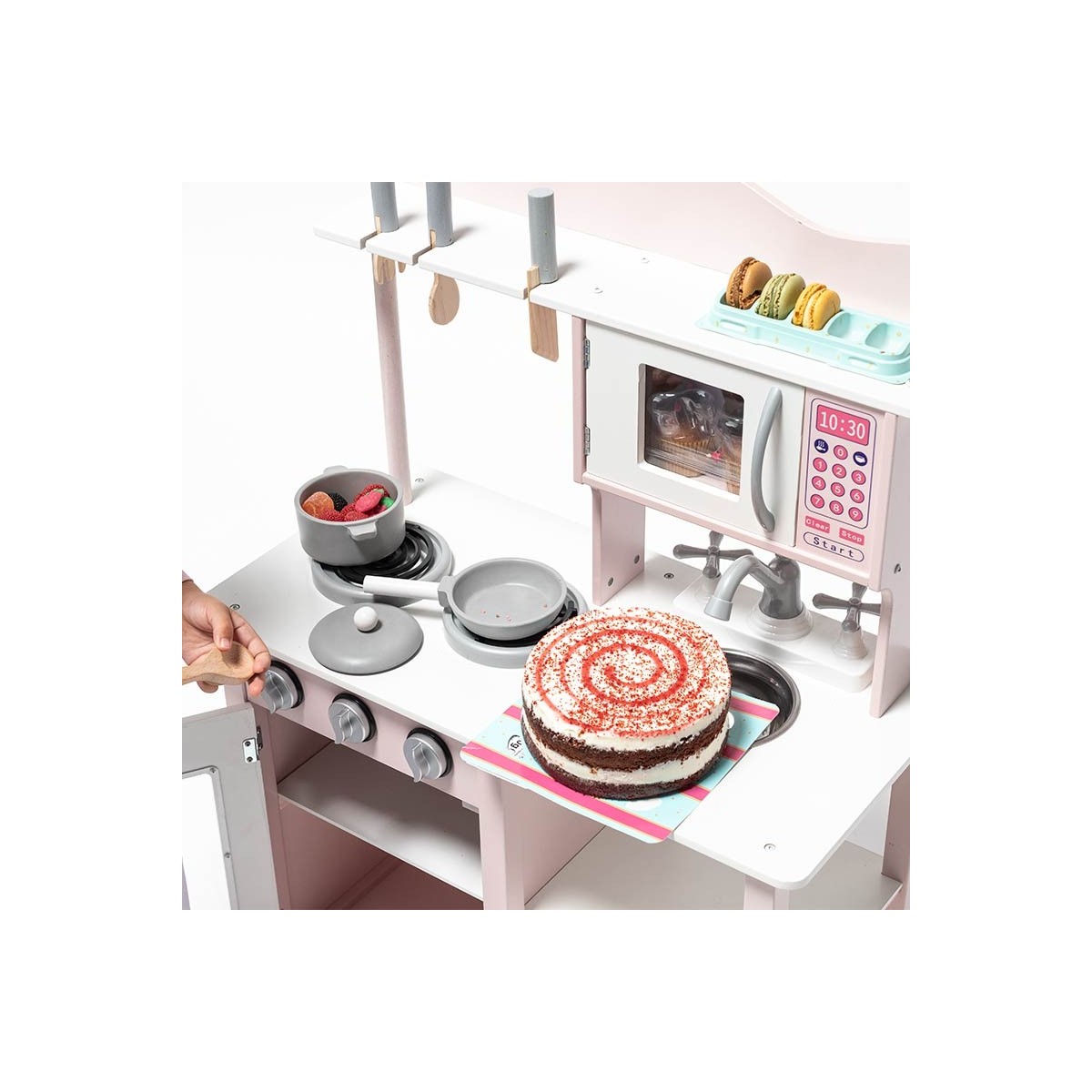 Cozinha de brincar com forno, fogão, utensílios e sobremesa falsa