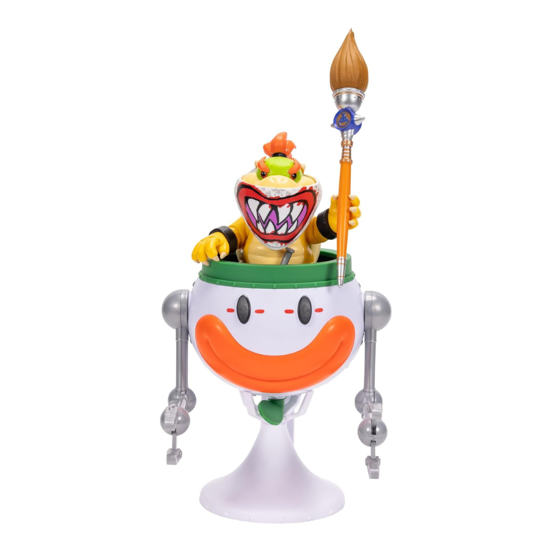 Brinquedo de personagem amarelo com máscara e pincel gigante numa base robótica branca.