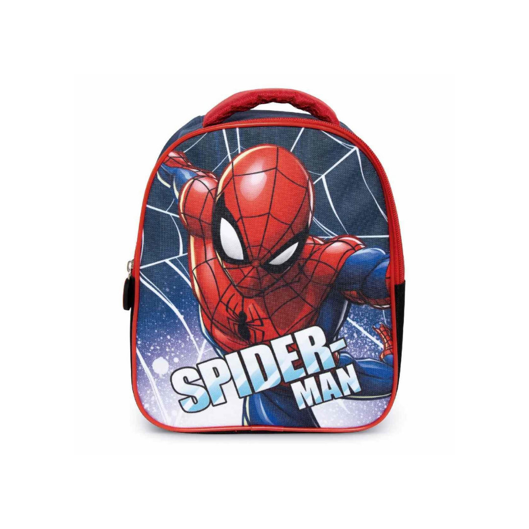 Mochila infantil Spider-Man vermelha e azul com imagem do personagem e teia de aranha