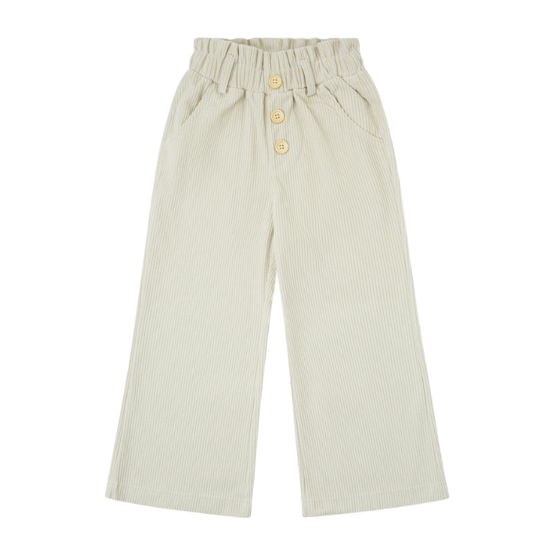 calças largas bege claro com botões e bolsos