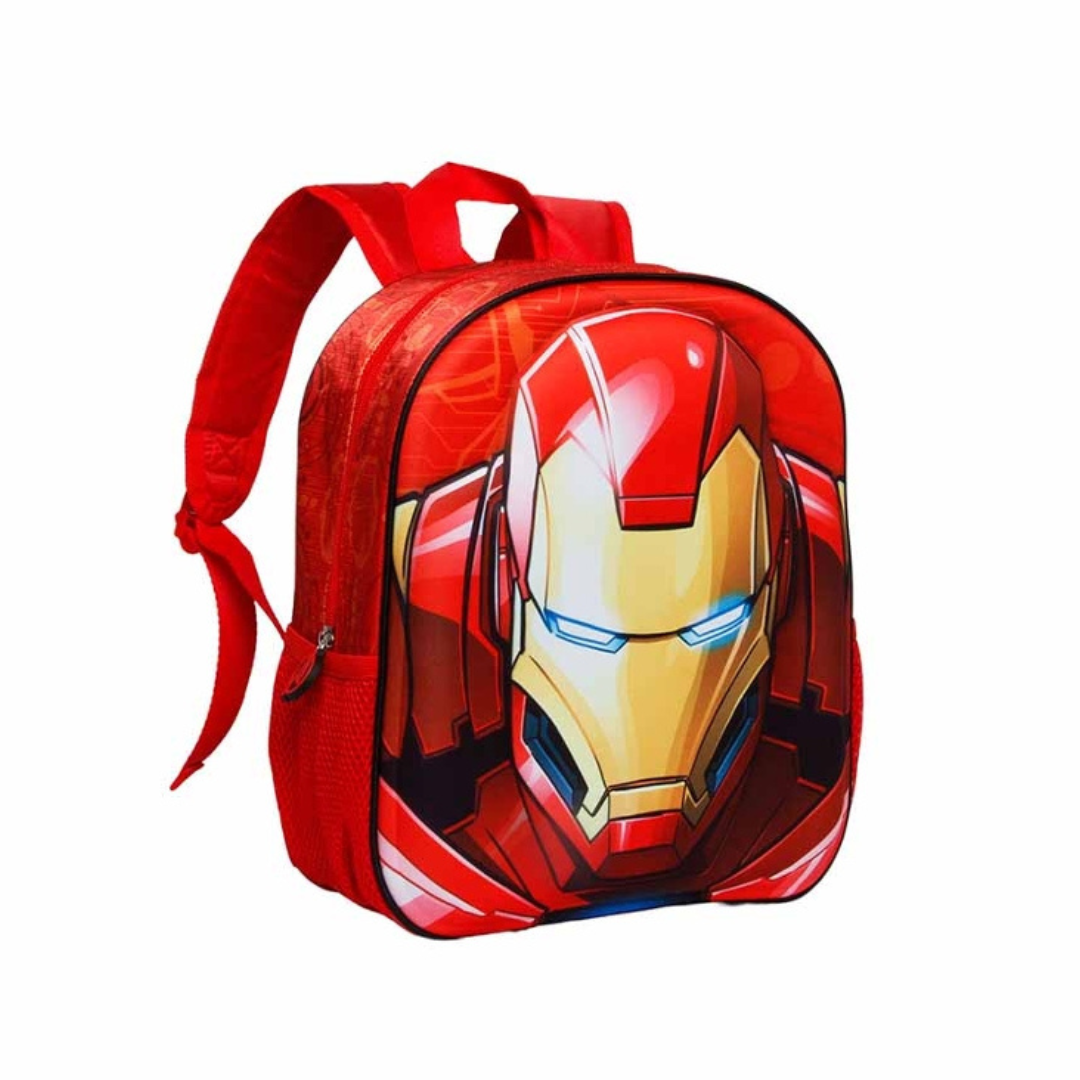 Mochila vermelha do Homem de Ferro com alças acolchoadas e bolso lateral em rede