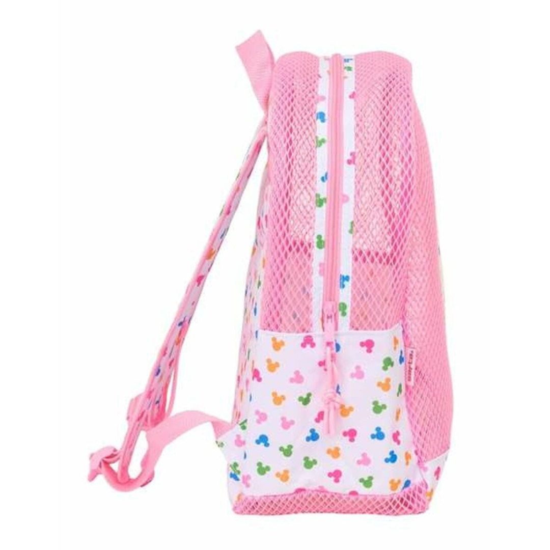 Mochila infantil rosa com rede e padrão Mickey Mouse colorido