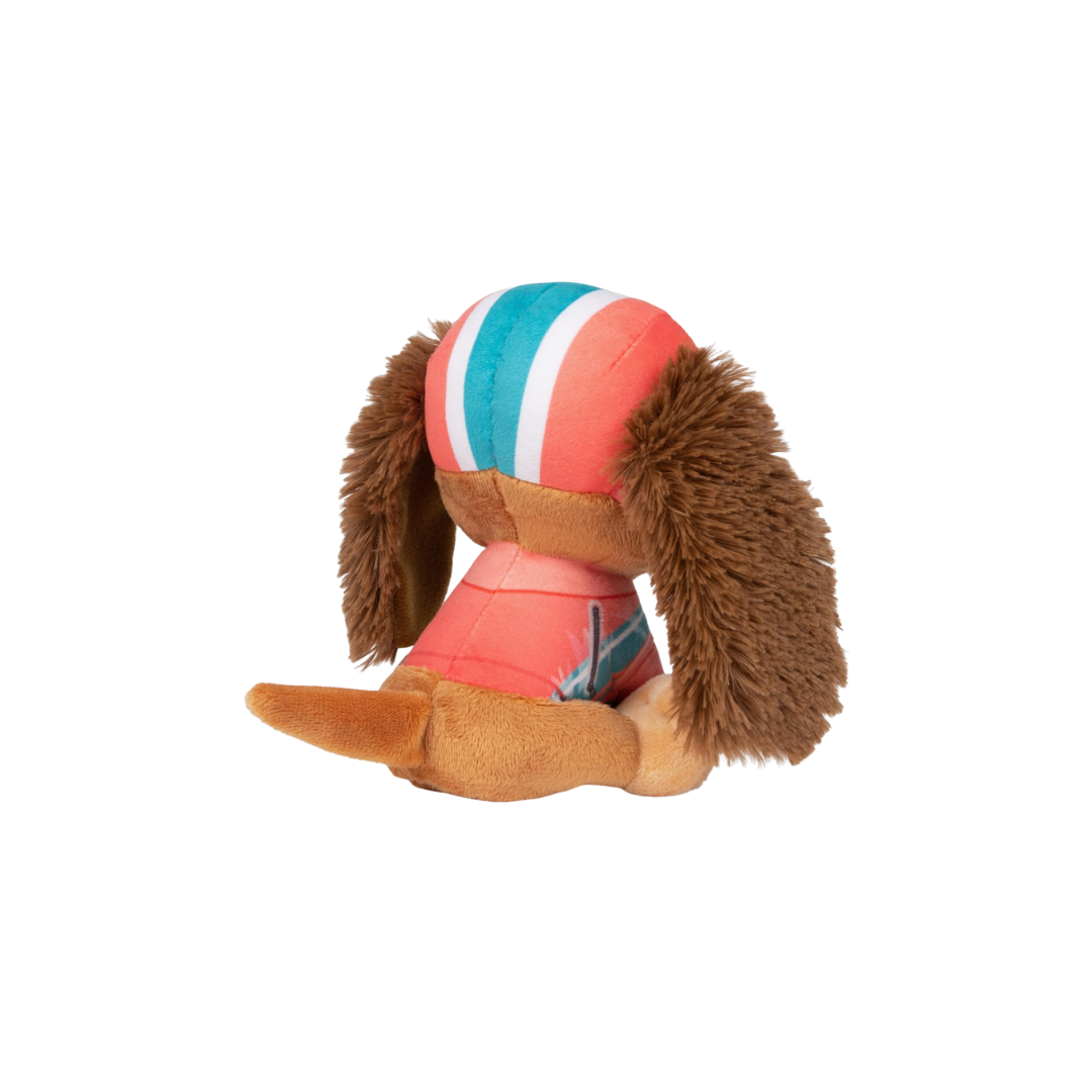Pelúcia de cão castanho e rosa vista de costas