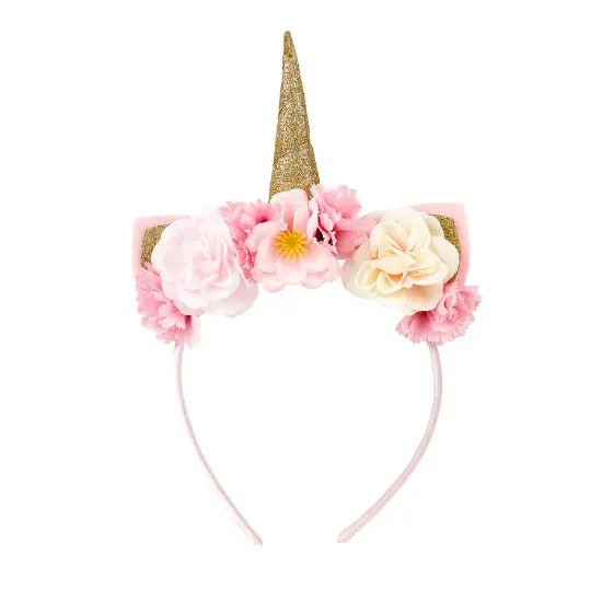 Arco de cabelo unicórnio com flores e chifre dourado