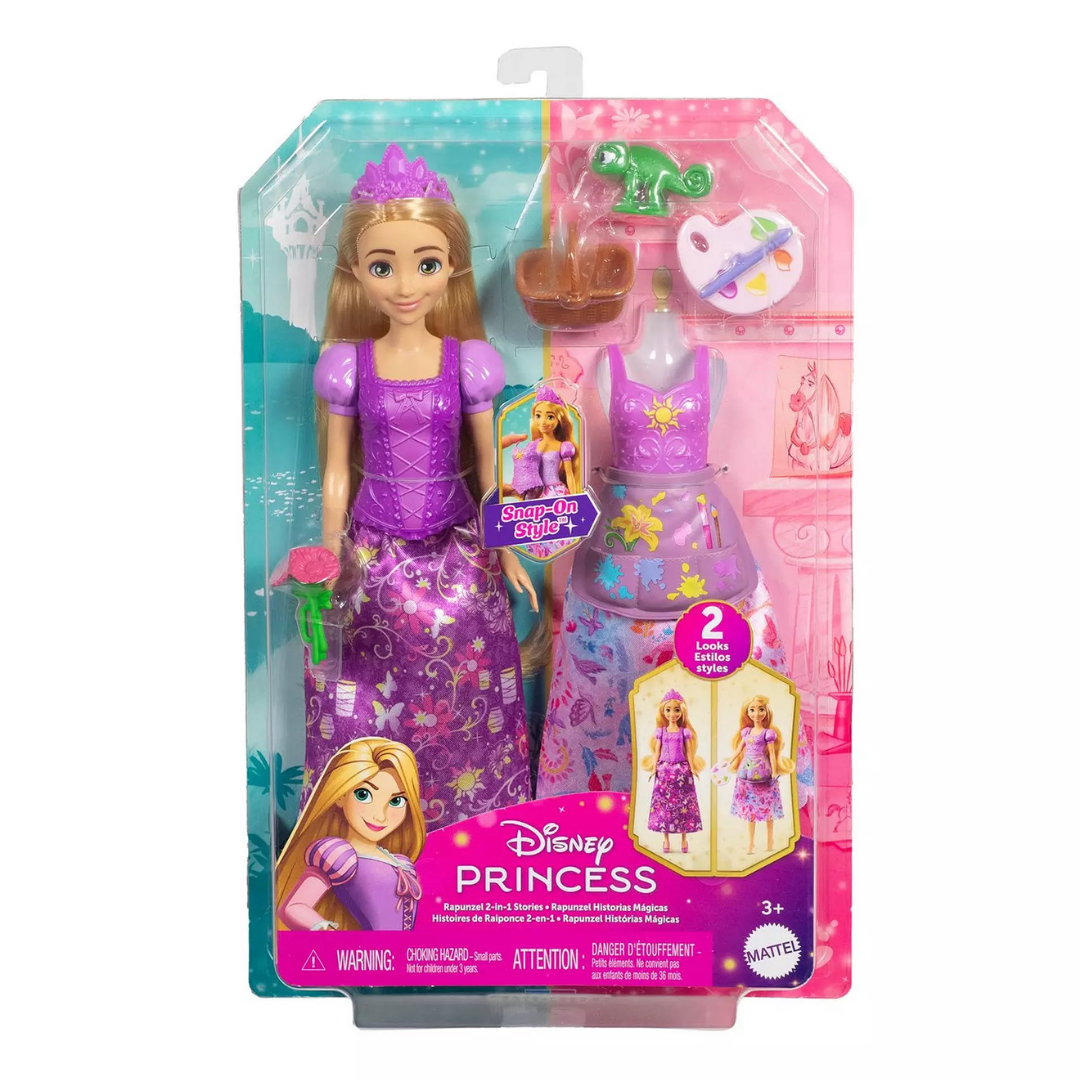 Boneca Rapunzel Disney Princess com vestido roxo e acessórios em embalagem colorida