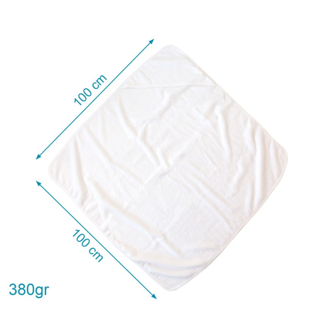 Toalha branca quadrada com capuz e marcação de dimensões 100 cm x 100 cm