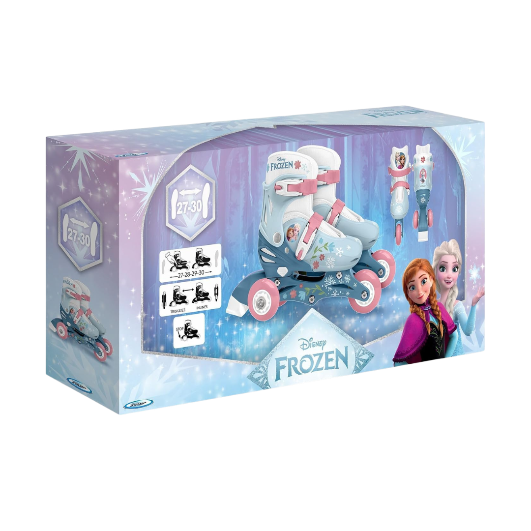 Patins ajustáveis Disney Frozen azul, branco e rosa em embalagem com personagens e temas de neve.