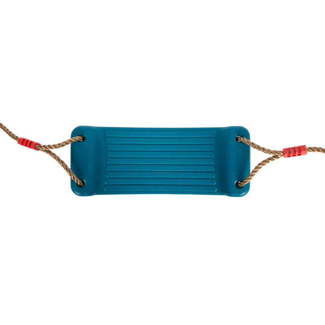 Assento de baloiço azul com cordas castanhas e fixadores vermelhos