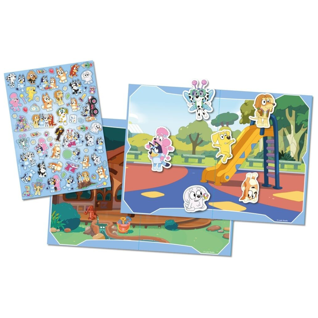 Painéis coloridos com personagens animados de cães e autocolantes variados