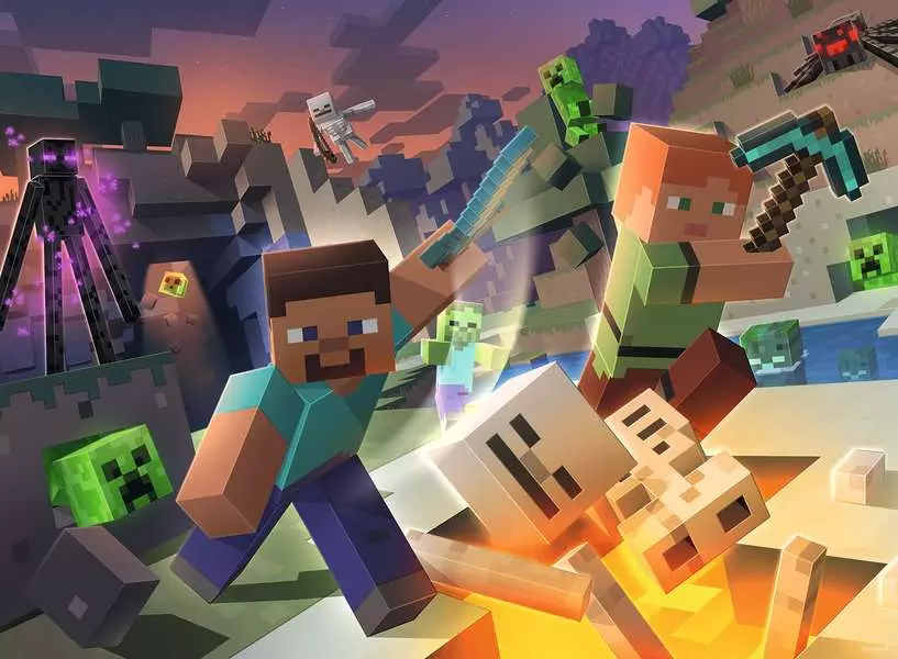Cena do videojogo Minecraft com personagens e monstros em ambiente pixelizado e blocos.