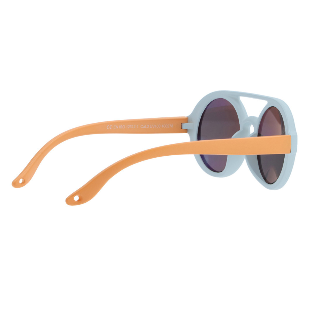Óculos de sol azul clara com hastes laranja e lentes redondas escuras