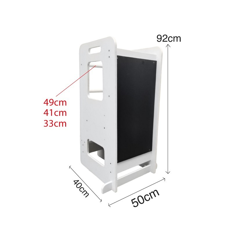 Torre de aprendizagem branca com painel negro e dimensões indicadas
