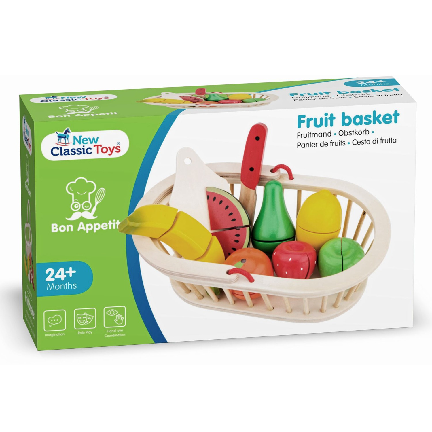 Brinquedo de cesto de frutas de madeira coloridas para crianças em embalagem