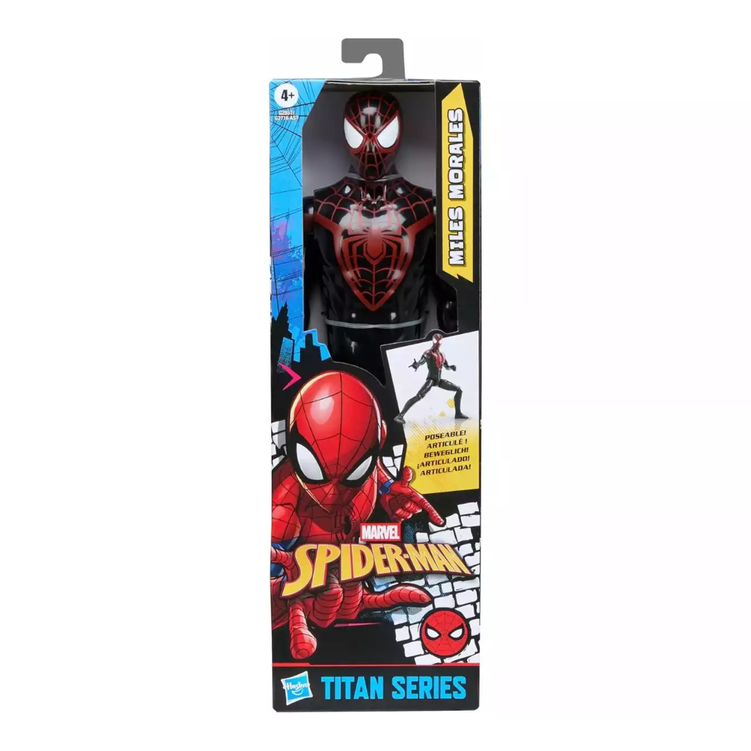 Boneco articulado Spider-Man Miles Morales em caixa da série Titan
