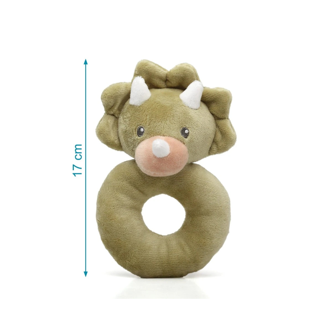 Brinquedo de dinossauro de pelúcia verde com círculo no centro, medida 17 cm