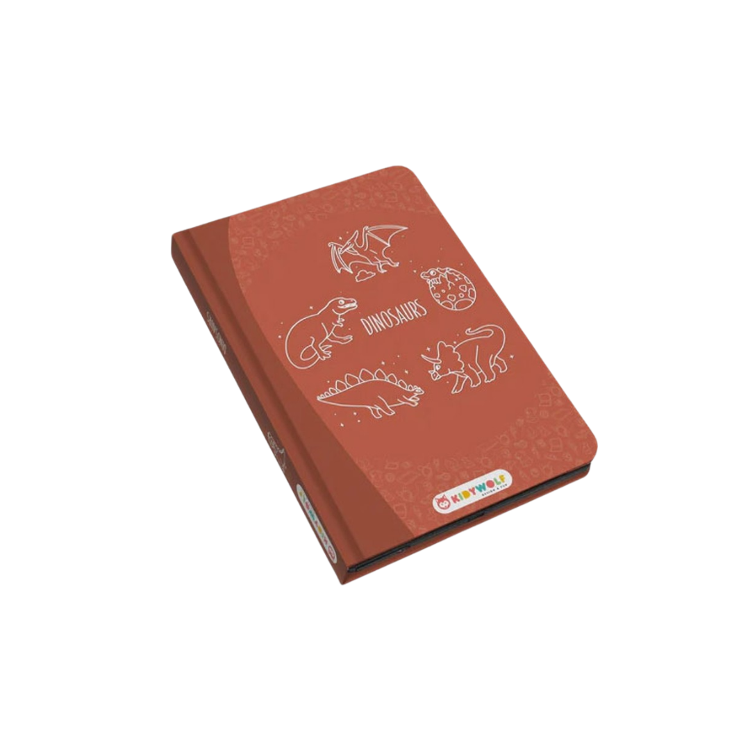 Livro de capa dura castanha com desenhos de dinossauros brancos