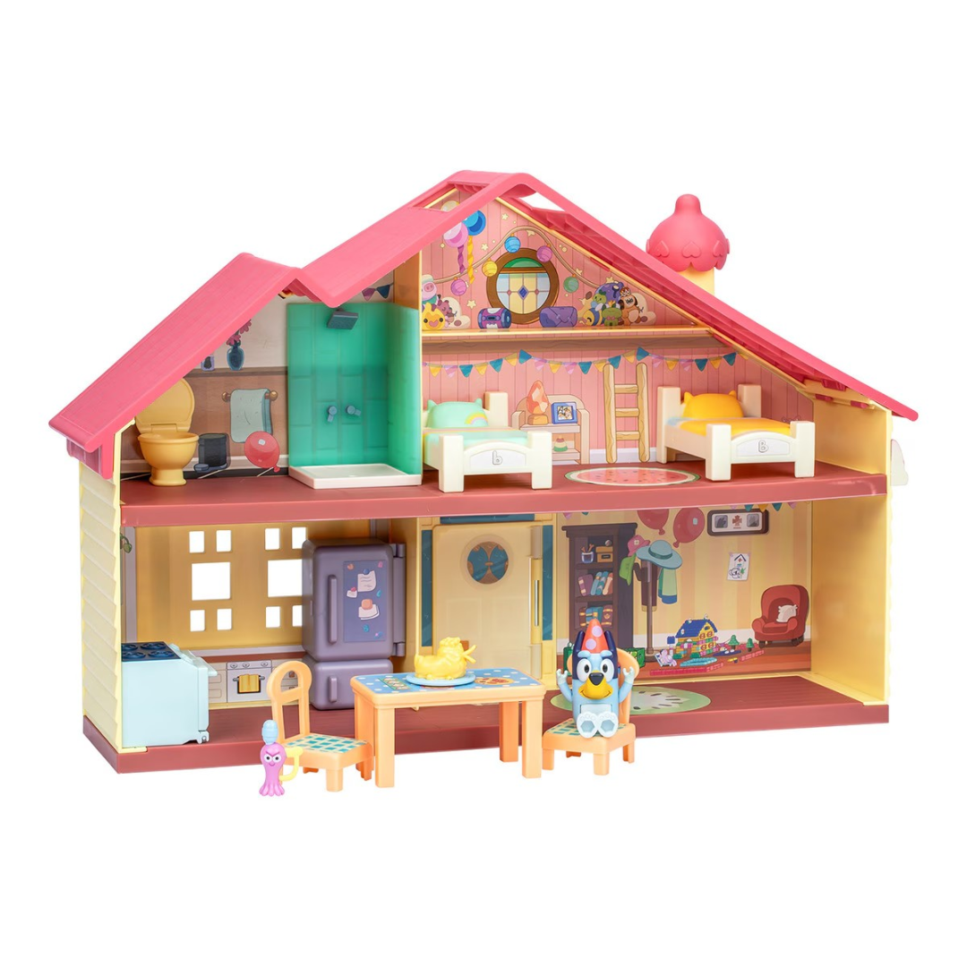 Casa de bonecas colorida com mobiliário infantil e dois andares