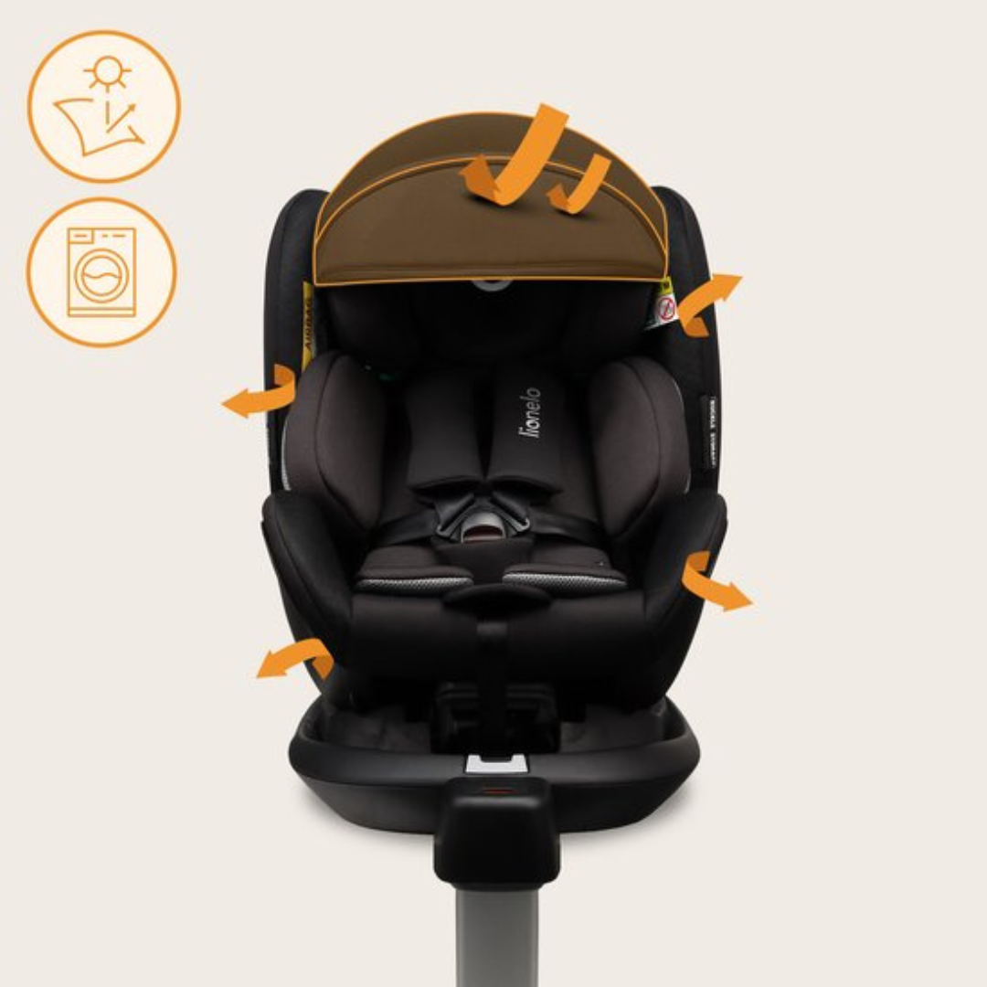 Cadeira auto preta com capa castanha e setas laranjas que mostram ventilação e movimento