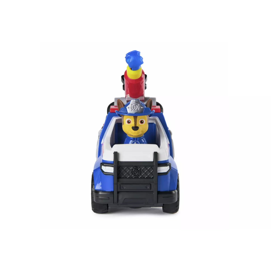 Brinquedo carrinho azul com figura de cão vestido de azul