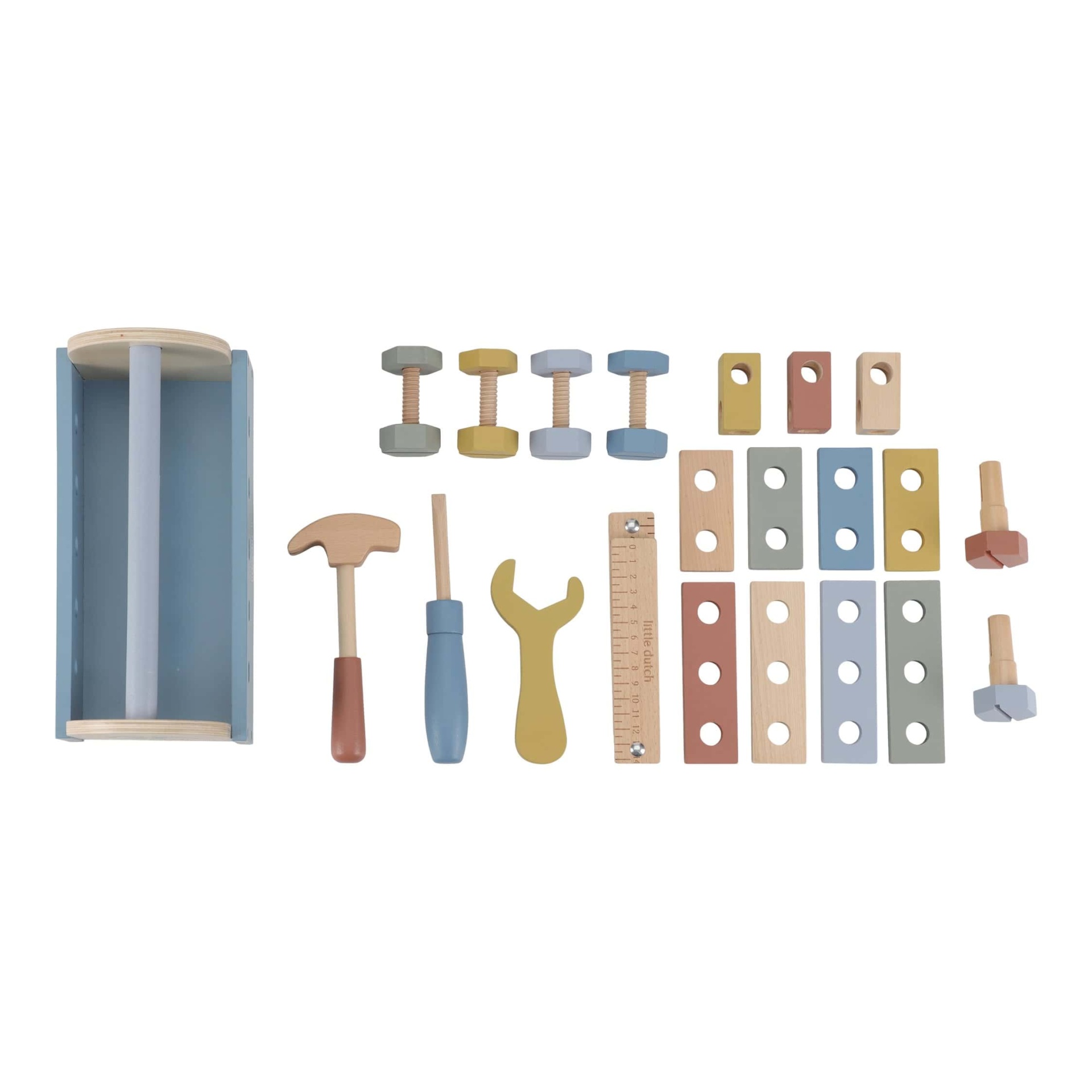 Conjunto de ferramentas de madeira coloridas com caixa azul