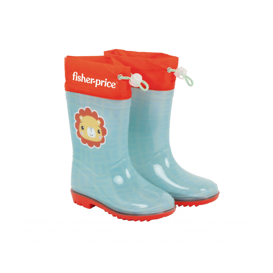 Botas de água infantis azul clara e laranja com desenho de leão e texto FISHER-PRICE