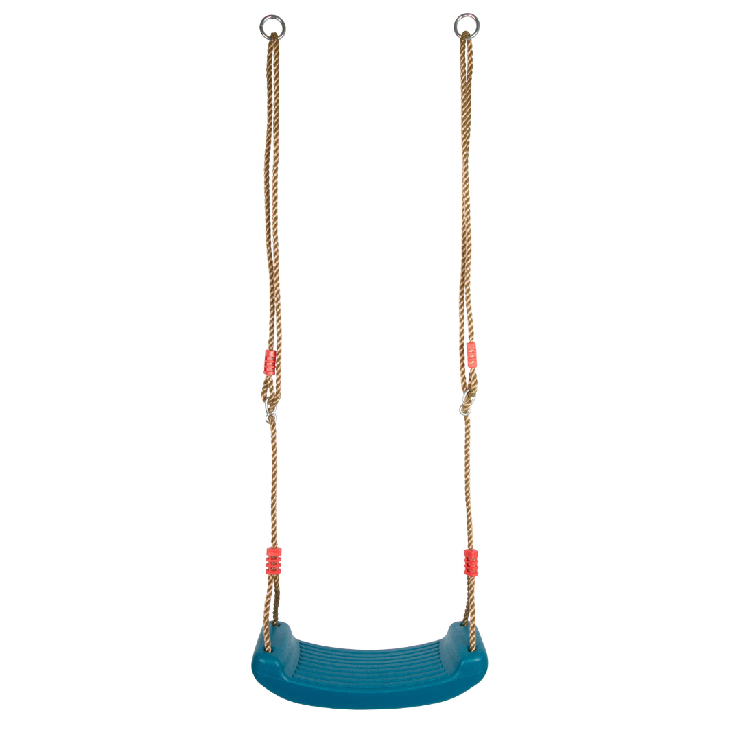 Baloiço infantil azul com cordas castanhas e detalhes vermelhos