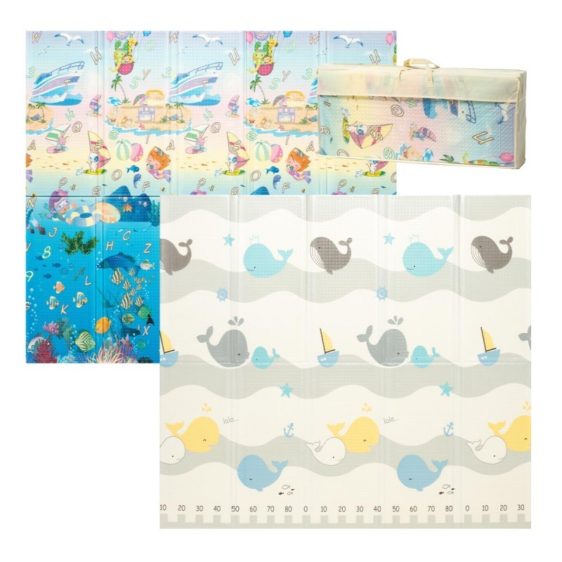 Tapetes infantis com padrões de baleias, motivos marinhos e temas de praia, embalados