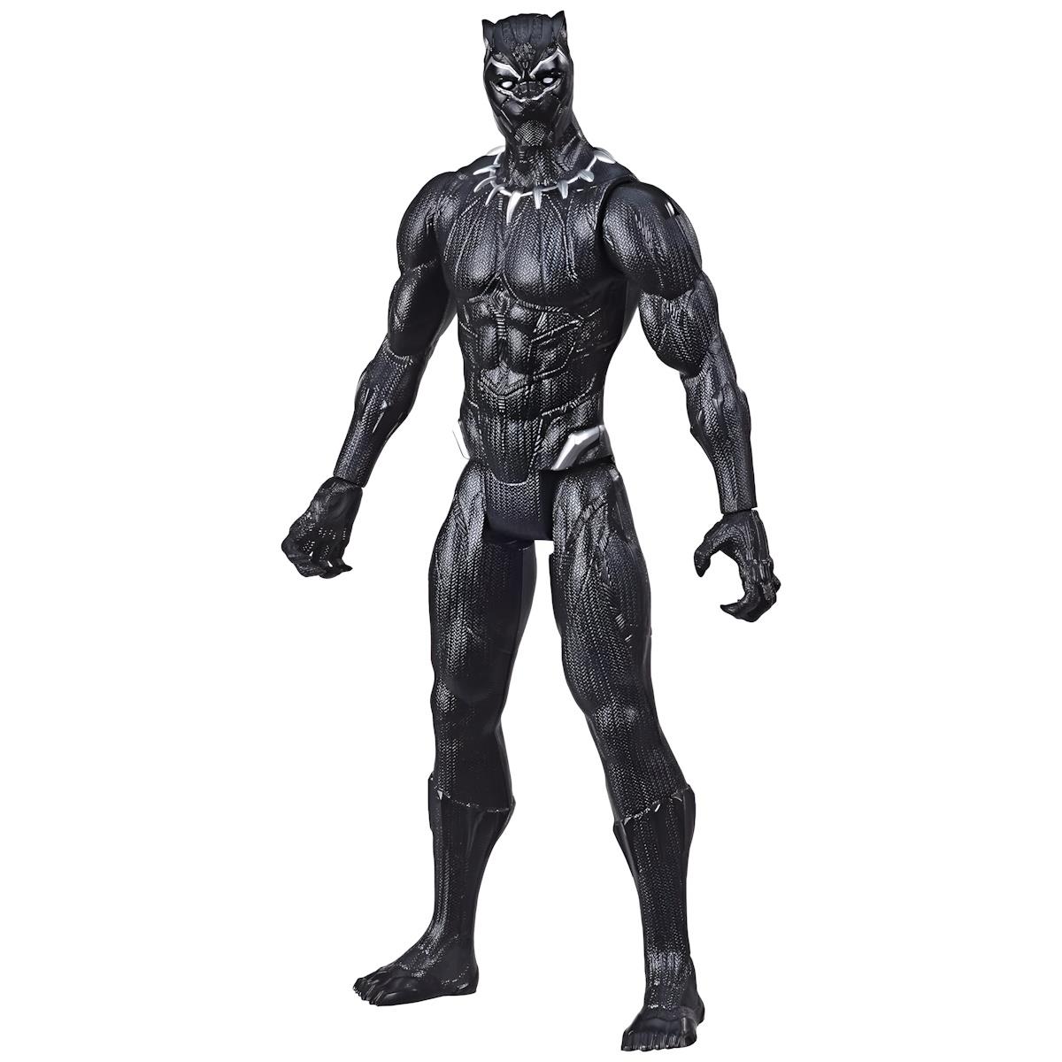 Figura de ação do Pantera Negra preto e prateado com textura simulando traje.