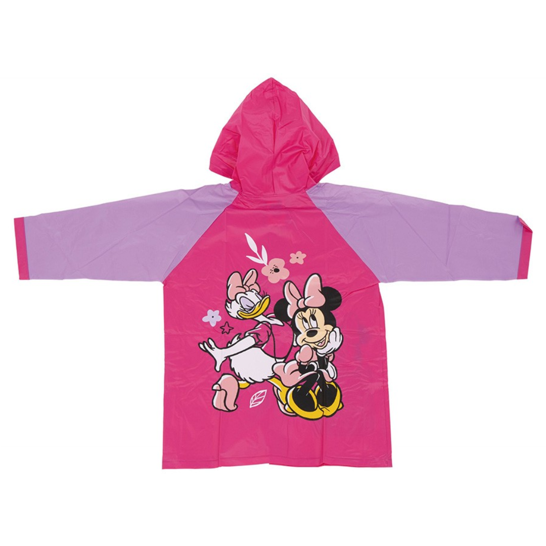 Impermeável infantil rosa e lilás com estampa de Daisy e Minnie no verso
