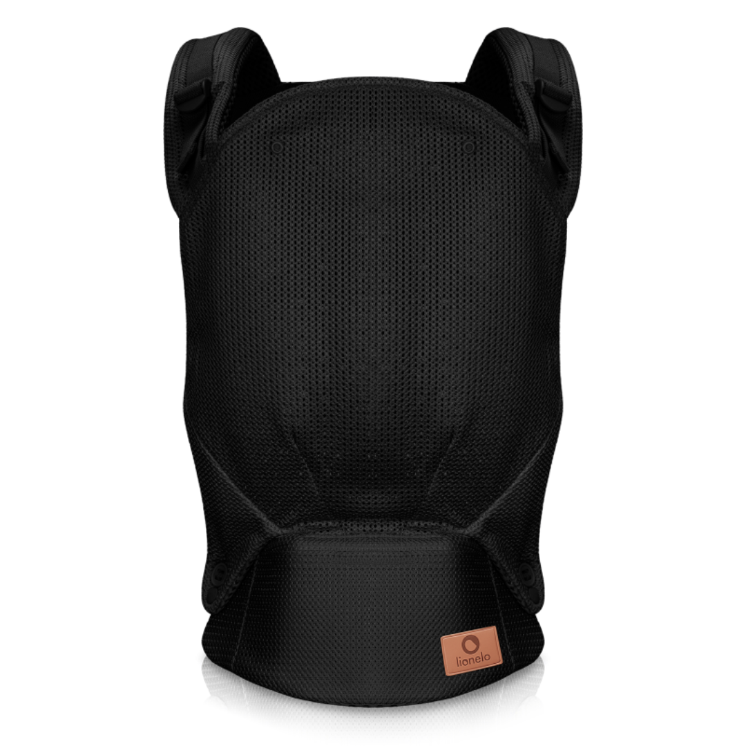 Porta-bebés preto de tecido de malha com alças acolchoadas e etiqueta lionelo